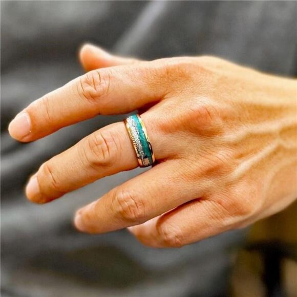 Men's Wedding Band Ring - Rose Gold Faux Blue Opal & Meteorite - Wedding Rings - Picture 5 of 8